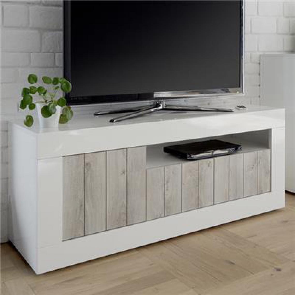 Nouvomeuble - Meuble tv 140 cm blanc laqué moderne, 3 portes URBAN 3 - Meubles TV, Hi-Fi