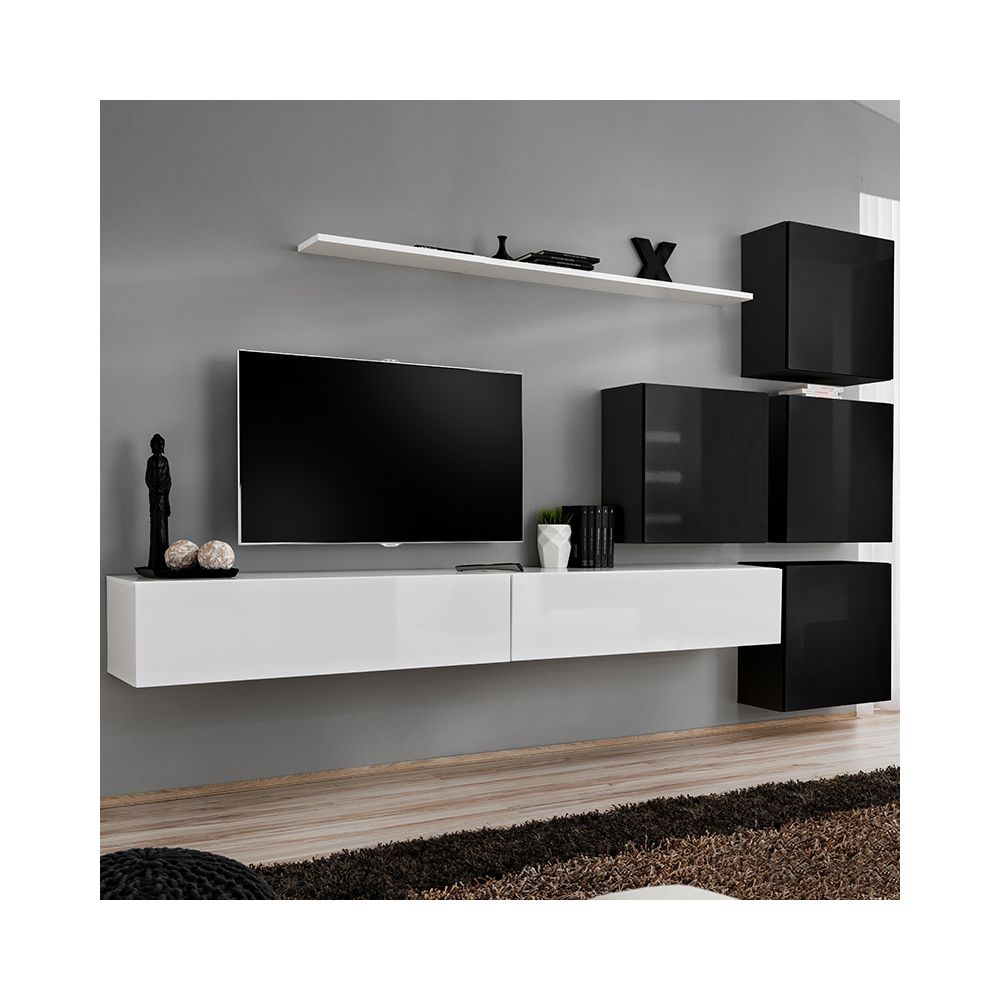 Nouvomeuble - Meuble TV design mural blanc et noir ROTELLO - Meubles TV, Hi-Fi
