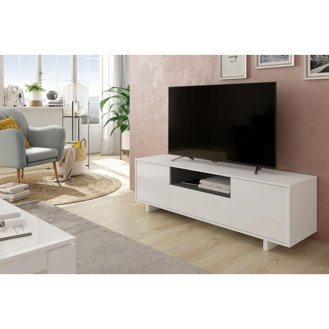 Alter - Meuble TV de salon avec trois portes et étagère centrale, couleur blanc brillant avec étagère gris cendré, Dimensions 150 x 46 x 41 cm - Meubles TV, Hi-Fi