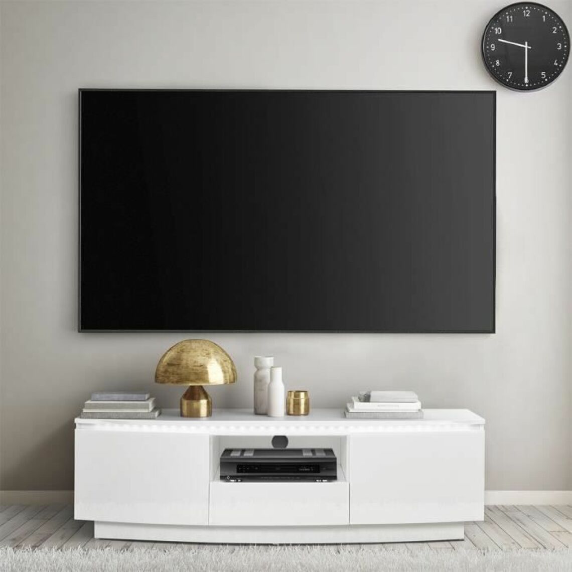 Cstore - Meuble TV 2 portes + 1 tiroir + LED - Contemporain - Blanc brillant - L 140 x P 45 x H 41 cm - FLORENCE - Meubles TV, Hi-Fi