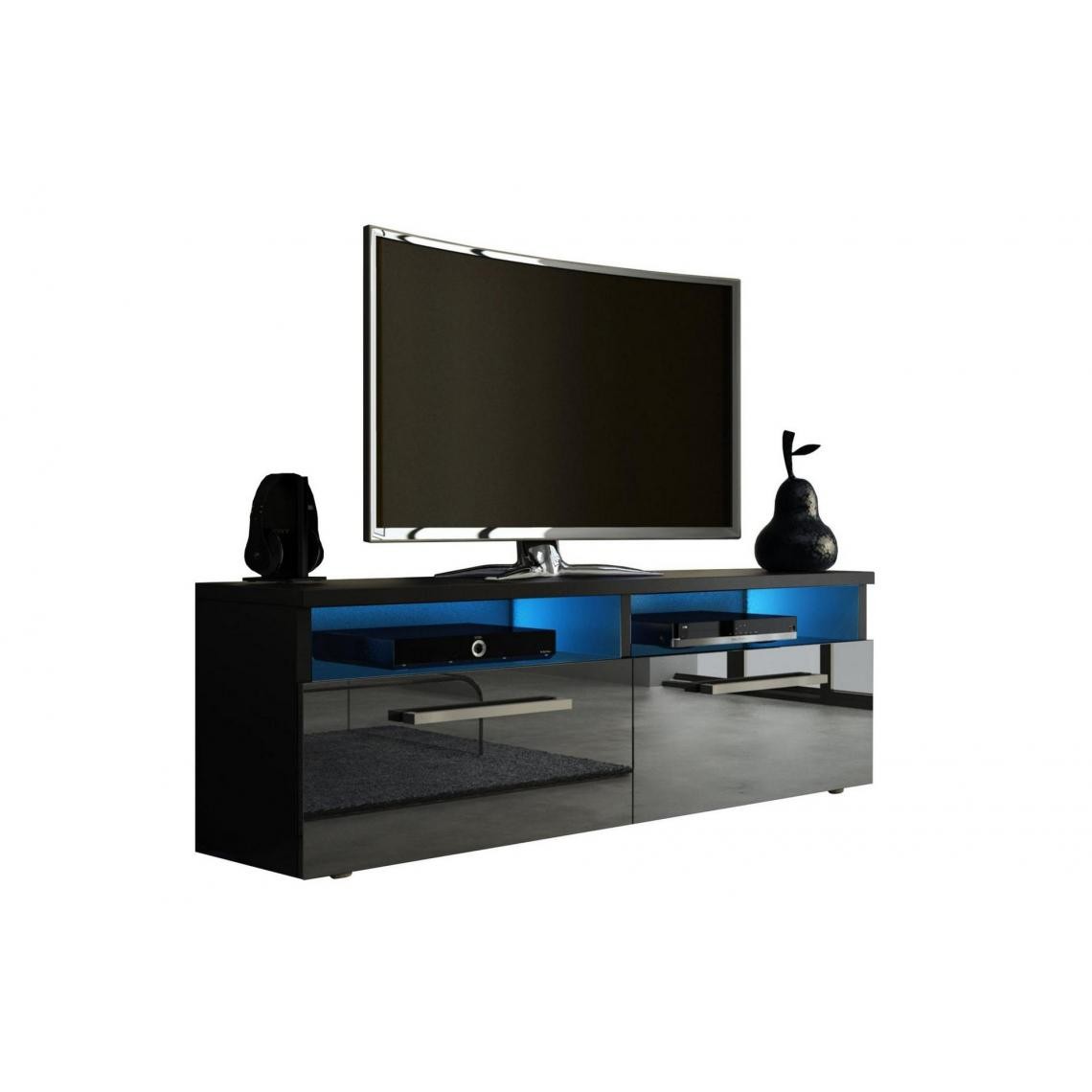 Pegane - Meuble TV coloris noir mat / noir brillant avec éclairage LED bleue - Longueur 100 x Profondeur 46 x hauteur 35 cm - Meubles TV, Hi-Fi