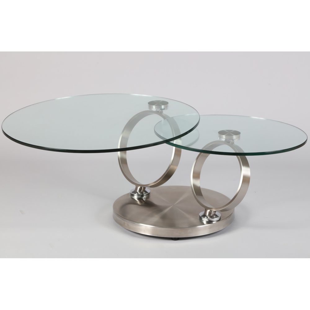 Pegane - Table basse en acier brossé de 2 plateaux en verre trempé (avec frein) -PEGANE- - Tables basses