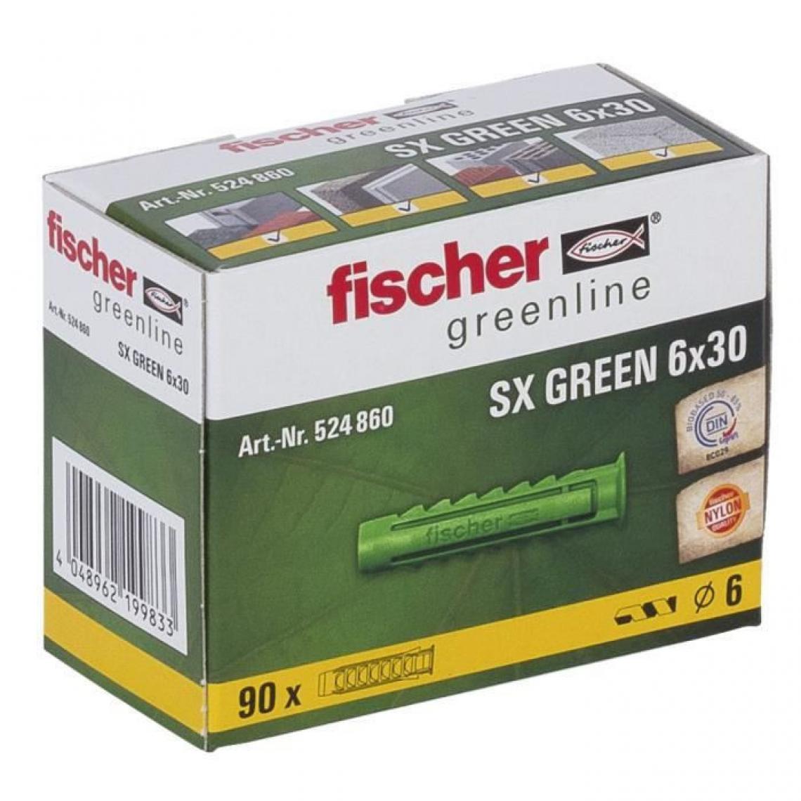 Fischer - FISCHER - Cheville a quadruple expansion SX Green 6x30 mm - fabriquée a base de matieres premieres renouvelables - Boîte de 90 - Cheville
