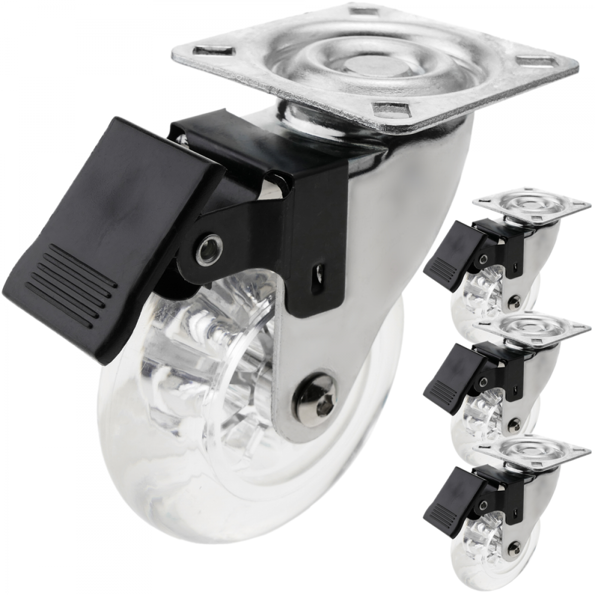 Primematik - Roulettes pivotantes roue industrielle en polyuréthane et PVC transparent avec frein 75 mm 4-pack - Cheville