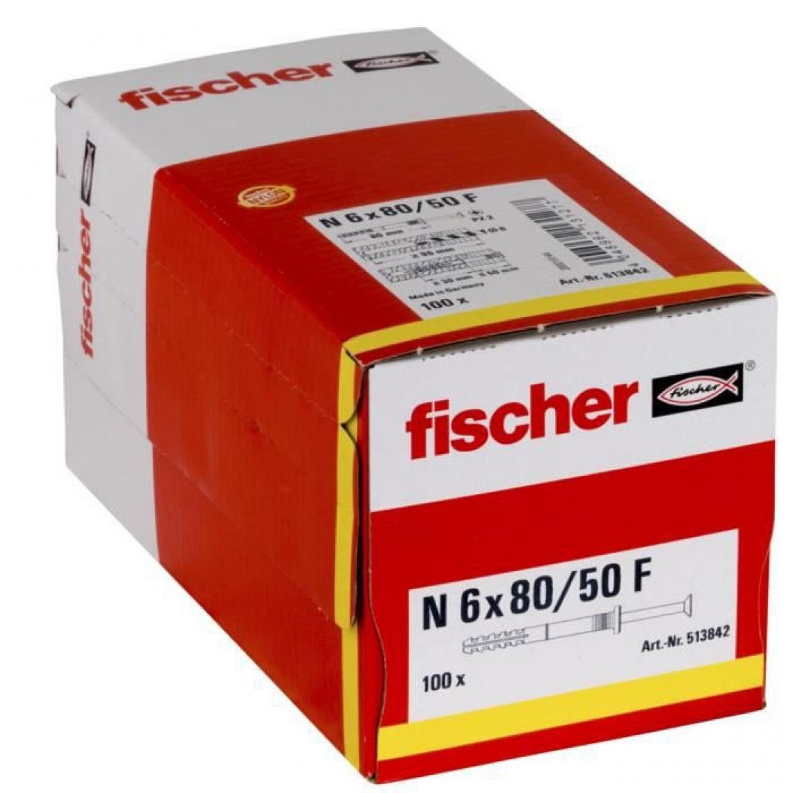 Fischer - FISCHER - Cheville clou NF 6x80/50 avec collerette épaisse et clou tete fraisée - Boîte de 100 - Cheville