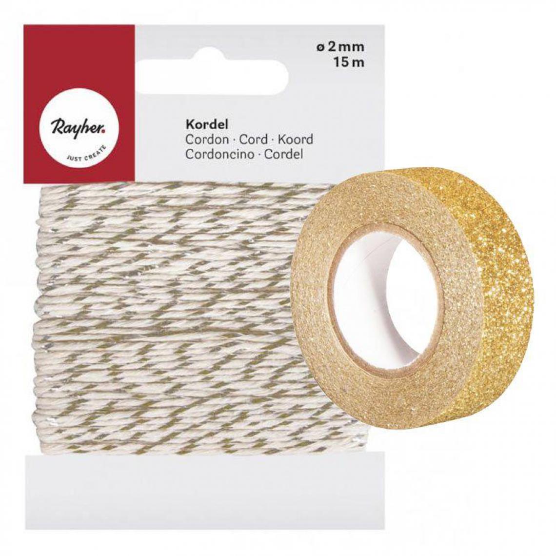 Rayher - Ficelle dorée & blanche 15 m + masking tape doré à paillettes 5 m - Ficelle
