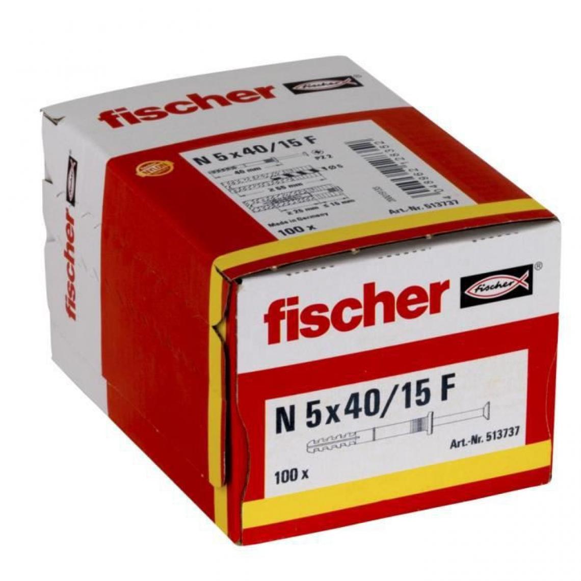 Fischer - FISCHER - Cheville clou NF 5x40/15 avec collerette épaisse et clou tete fraisée - Boîte de 100 - Cheville