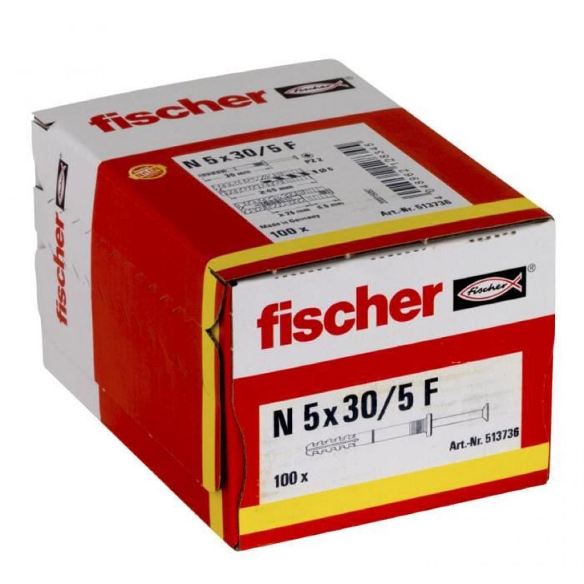 Fischer - FISCHER - Cheville clou NF 5x30/5 avec collerette épaisse et clou tete fraisée - Boîte de 100 - Cheville