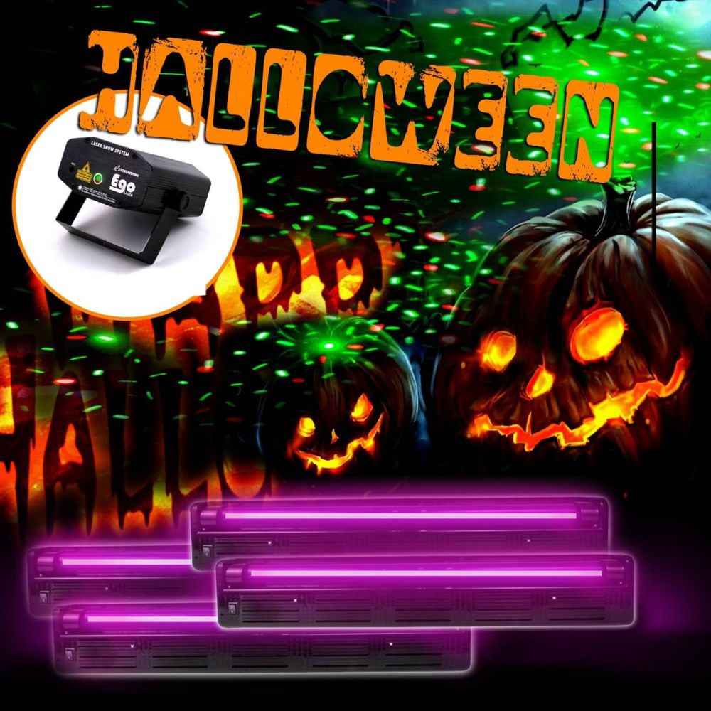Ibiza Light - 4 réglettes tube néon UV lumière noire + Laser Light soirée Halloween - Packs soirée lumière