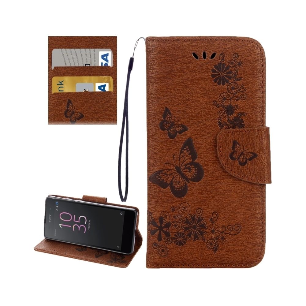 Wewoo - Housse Étui marron pour Sony Xperia E5 Papillons Gaufrage en cuir Flip horizontale avec support et Slots de cartes Portefeuille & Longe - Coque, étui smartphone