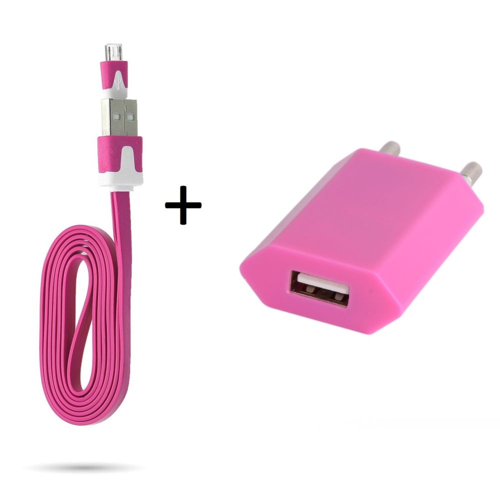 Shot - Cable Noodle 1m Chargeur + Prise Secteur pour HUAWEI P smart+ Smartphone Micro-USB Murale Pack Universel Android (ROSE BONBON) - Chargeur secteur téléphone