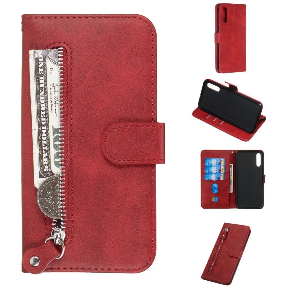 marque generique - Etui en PU poche à fermeture éclair avec support rouge pour votre Samsung Galaxy A50 - Coque, étui smartphone