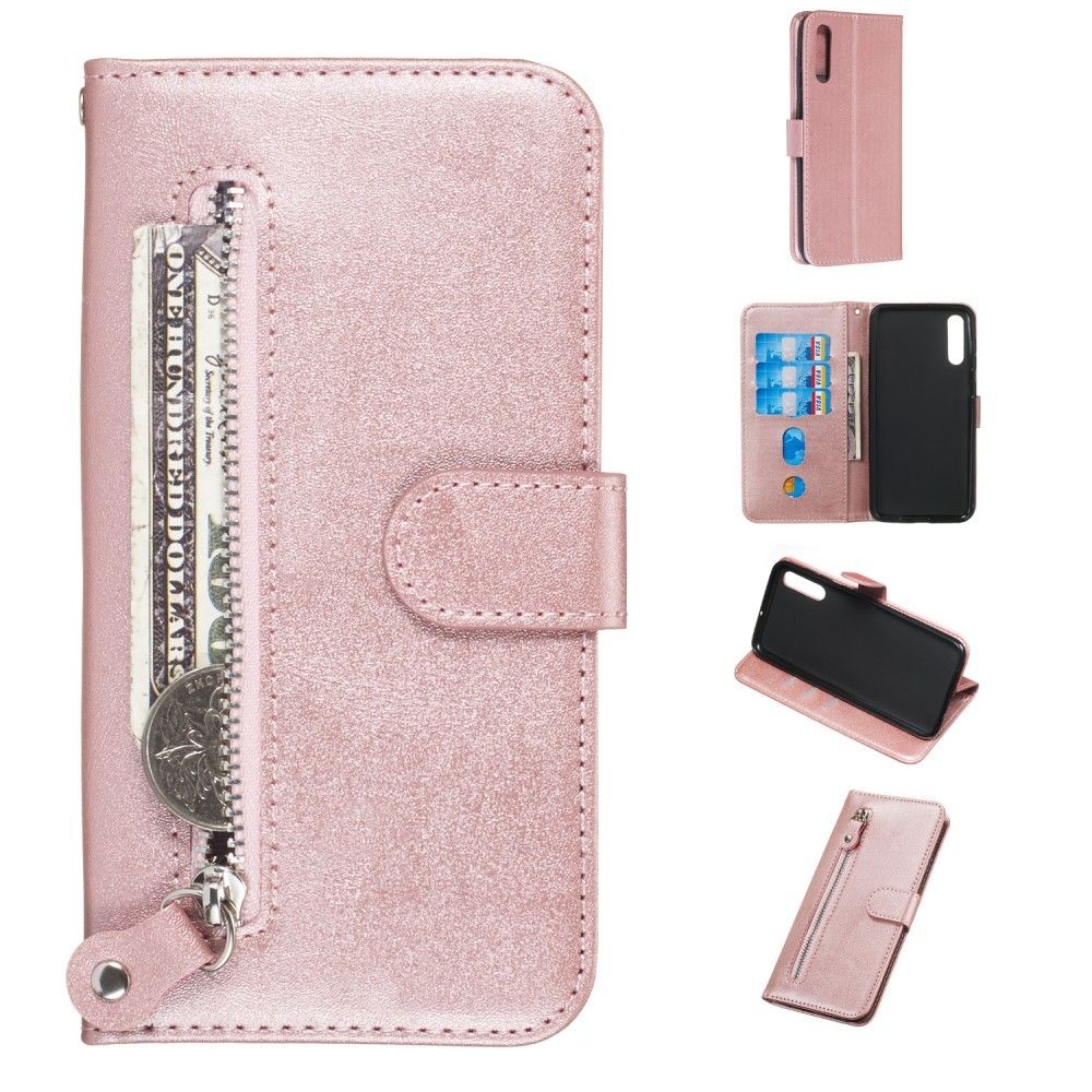marque generique - Etui en PU poche à fermeture éclair avec support or rose pour votre Samsung Galaxy A50 - Coque, étui smartphone