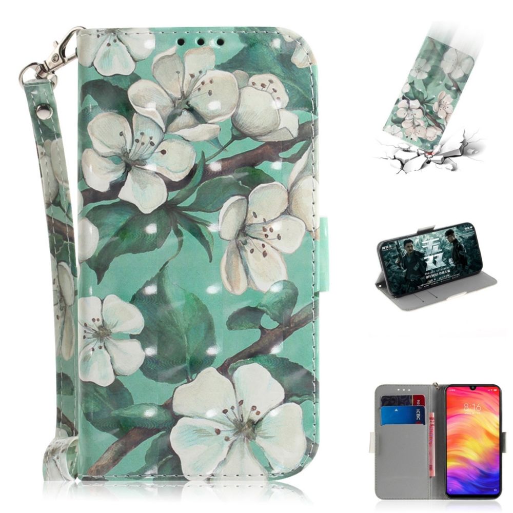 Wewoo - Coque Fashion Étui en cuir à rabat avec dessin couleur 3D et fentes pour cartes et porte-cartes Redmi Note 7 aquarelle fleur - Coque, étui smartphone