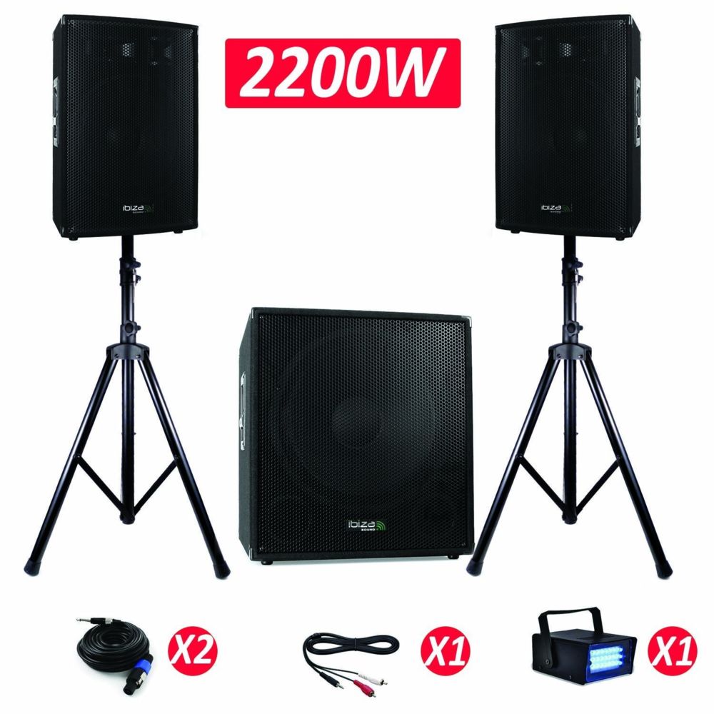 Ibiza Light - Pack CUBE 1515 Sonorisation 2200W Caisson bi-amplifié Enceintes + PIEDS + CABLES + LEDSTROBE - Packs sonorisation