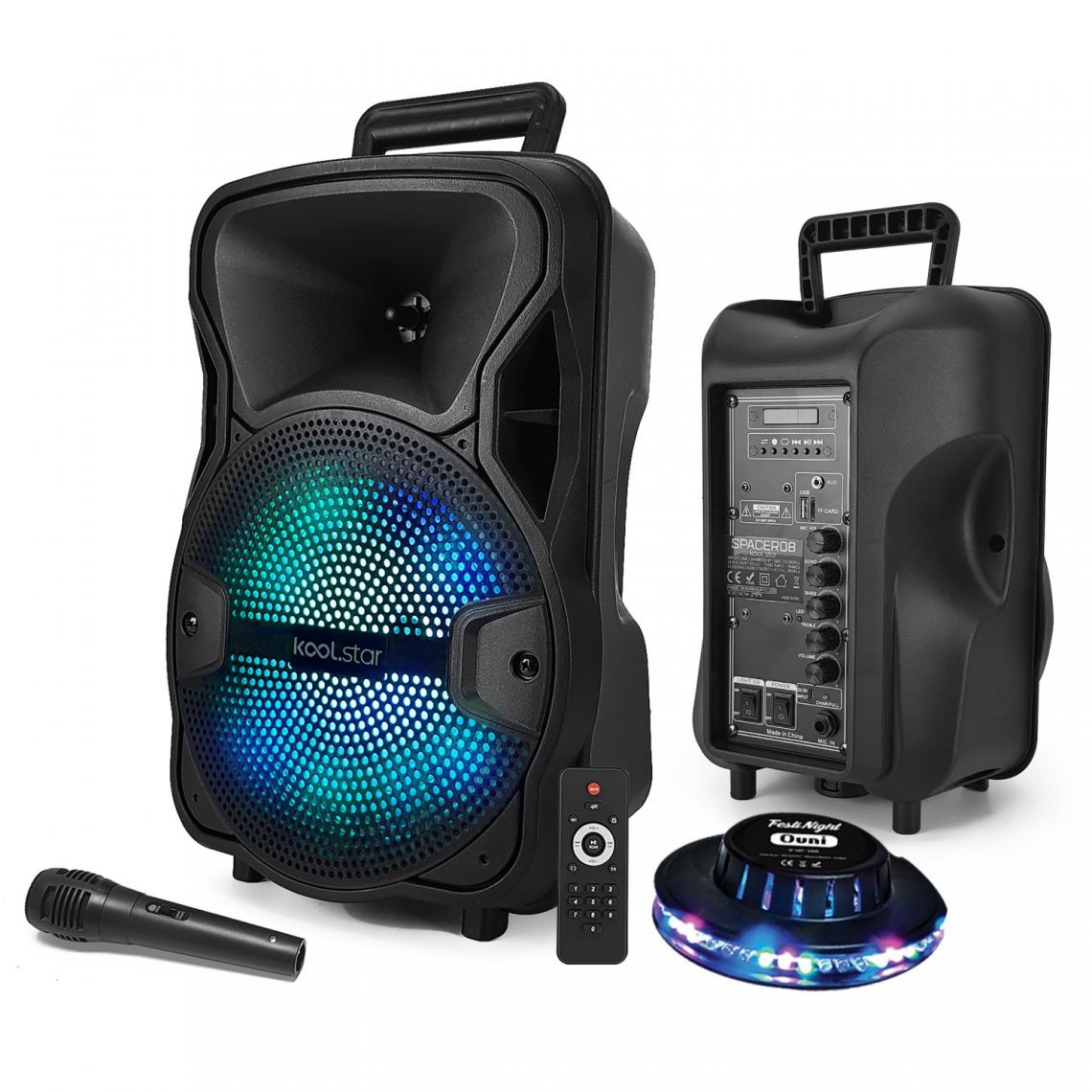 Koolstar - Enceinte Active KOOLSTAR SPACER08 - SONO DJ KoolStar Karaoke autonome Mobile Batterie 8" - 200W - USB/Bluetooth + Micro + OVNI - Packs sonorisation