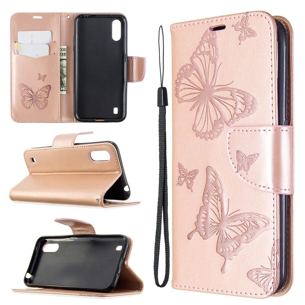 Generic - Etui en PU flip papillon or rose pour votre Samsung Galaxy A01 - Coque, étui smartphone