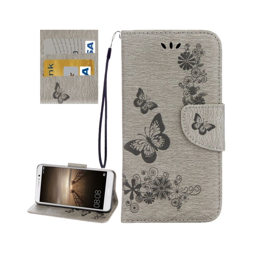 Wewoo - Housse Étui gris pour Huawei Mate 9 papillons gaufrage en cuir flip horizontal avec support & Slots de cartes Portefeuille & Longe - Coque, étui smartphone