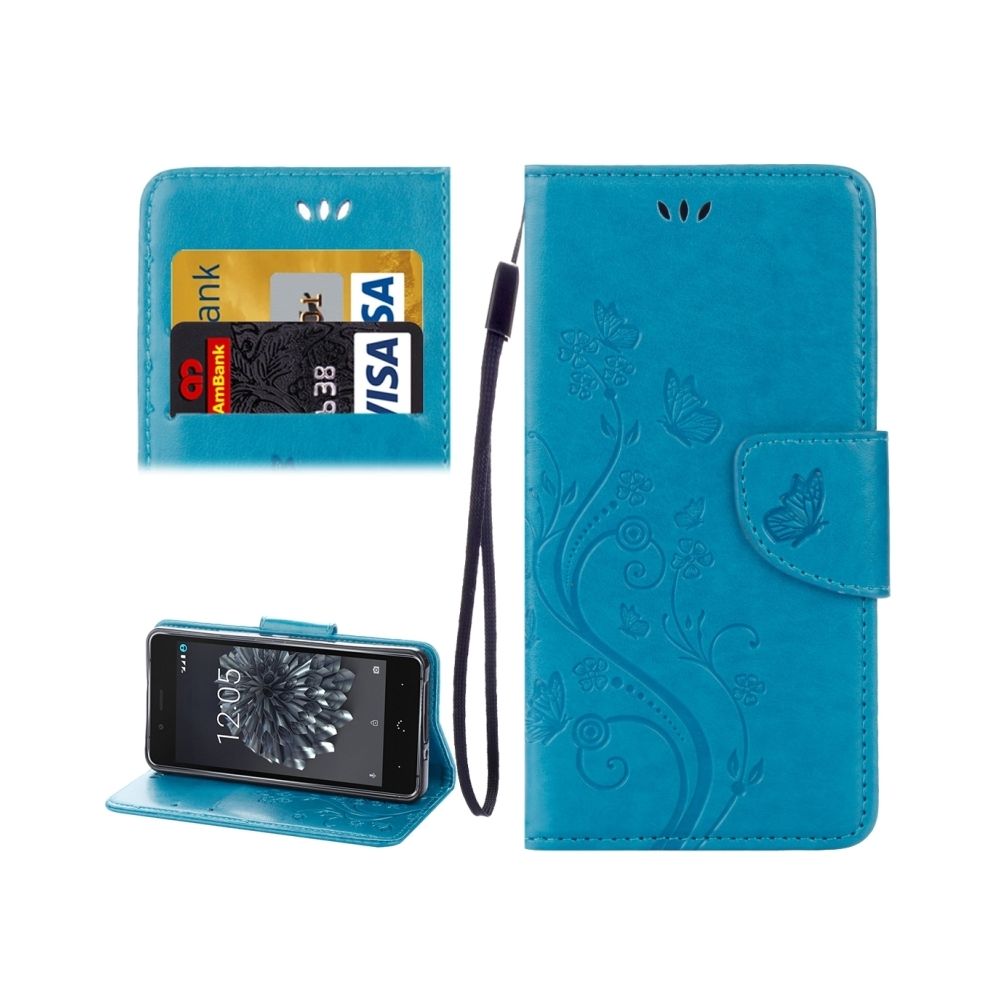Wewoo - Coque bleu pour BQ Aquaris X5 Plus Butterflies Love Fleurs Gaufrage Housse en cuir Flip horizontale avec support et Slots de cartes Portefeuille & Longe - Coque, étui smartphone
