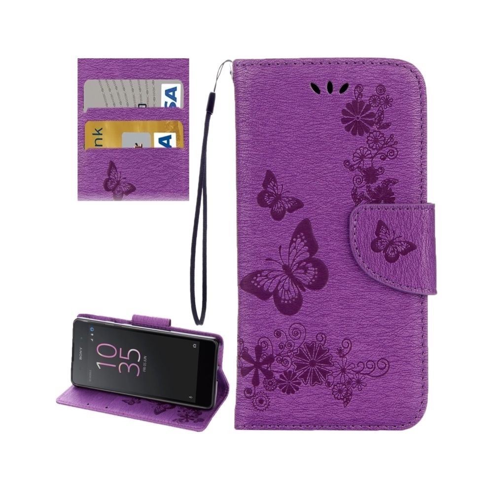 Wewoo - Housse Étui Violet pour Sony Xperia E5 Papillons Gaufrage en cuir Flip horizontale avec support et Slots de cartes Portefeuille & Longe - Coque, étui smartphone