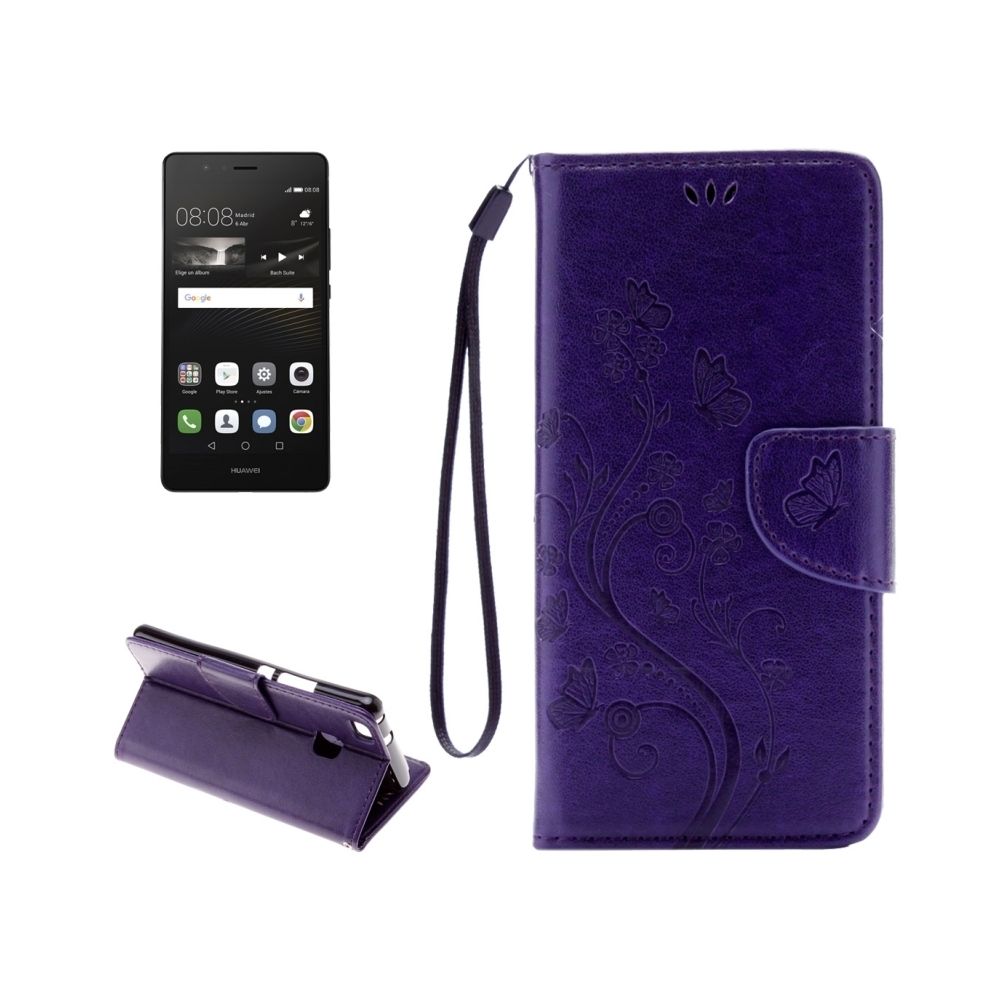Wewoo - Housse Étui Violet pour Huawei P9 Lite Papillons Gaufrage en cuir Flip horizontale avec support & Slots de cartes Portefeuille & Longe - Coque, étui smartphone