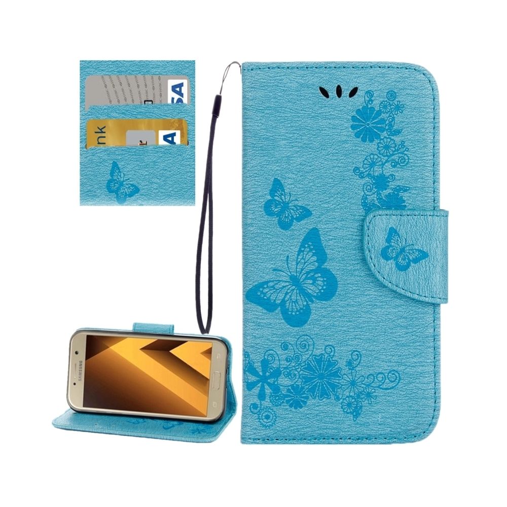 Wewoo - Housse Étui bleu pour Samsung Galaxy A3 2017 / A320 Papillons Gaufrage Horizontal en cuir Flip avec support et Slots de cartes Portefeuille & Longe - Coque, étui smartphone