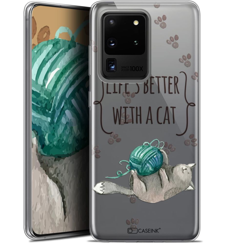 Caseink - Coque Pour Samsung Galaxy S20 Ultra (6.9 ) [Gel HD Collection Quote Design Life's Better With a Cat - Souple - Ultra Fin - Imprimé en France] - Coque, étui smartphone