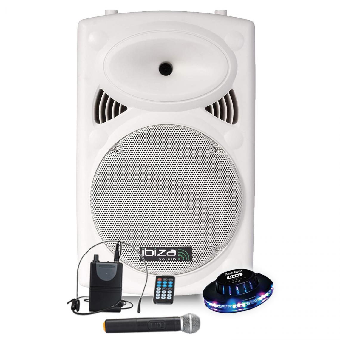 Ibiza Sound - Enceinte autonome Actif 700W - IBIZA PORT12UHF-WH - USB/BT/SD/ RADIO FM + 2 Micros UHF + Jeu de lumière OVNI LED - Packs sonorisation