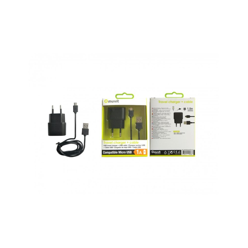 Muvit - Muvit Pack Black Travel Charger 1 Usb 1a + Cable Micro Usb 1m 1a - Chargeur secteur téléphone