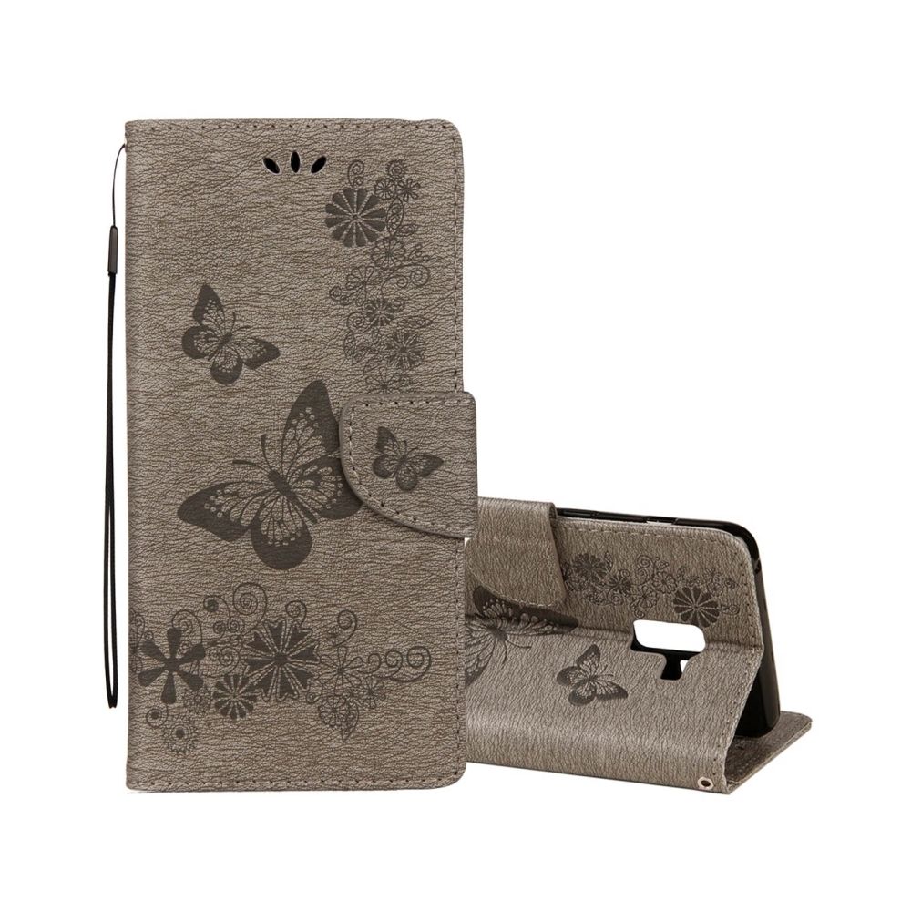 Wewoo - Housse Étui gris pour Samsung Galaxy A8 2018 Vintage motif floral papillon en relief flip horizontal en cuir avec fente carte et titulaire portefeuille lanière - Coque, étui smartphone