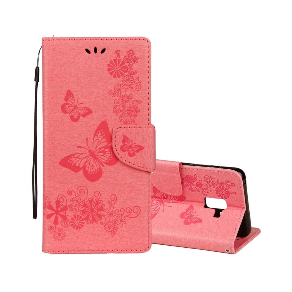 Wewoo - Housse Étui rose pour Samsung Galaxy A8 + 2018 Vintage motif de papillon floral gaufré flip horizontal en cuir avec fente carte et titulaire portefeuille lanière - Coque, étui smartphone