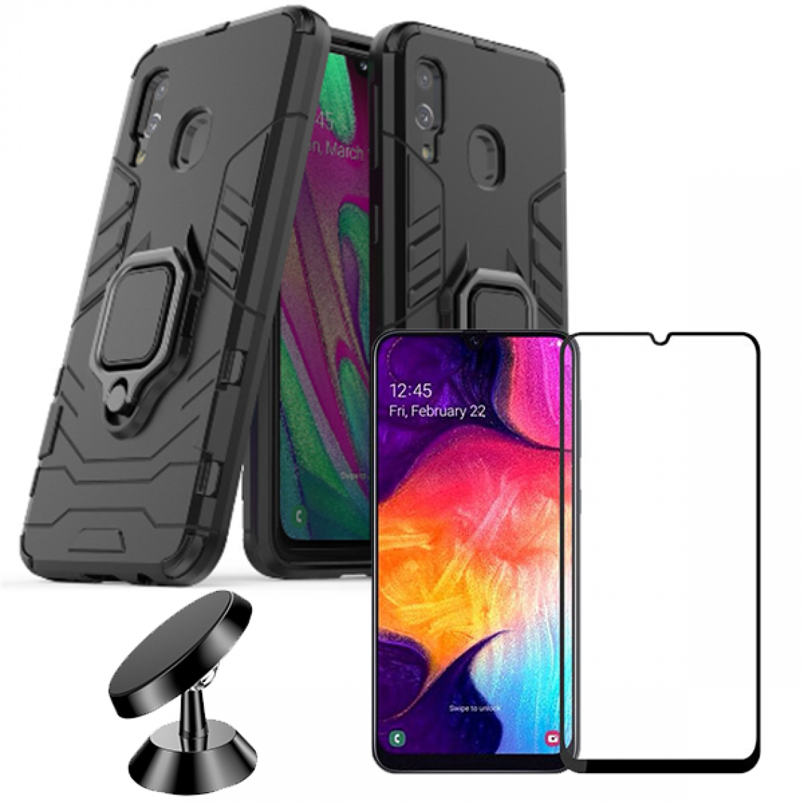 Phonecare - Kit de Verre Trempé 5D Full Cover + Coque 3X1 Military Defender + Support Magnétique de Voiture - Samsung A40 - Coque, étui smartphone