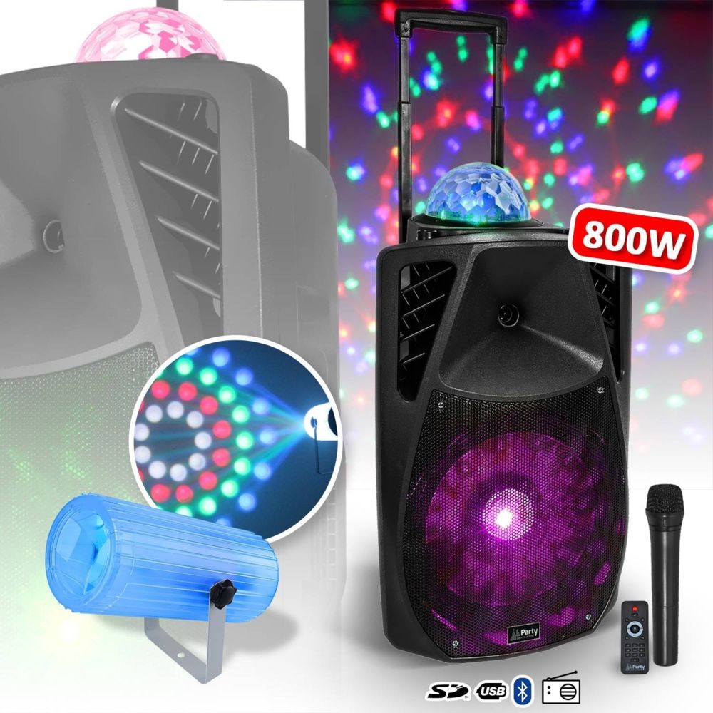 Party Light & Sound - Enceinte sono portable 15""/800W - USB/BT/FM/SD + Micro VHF + Effet MoonFlower PurLight - Retours de scène