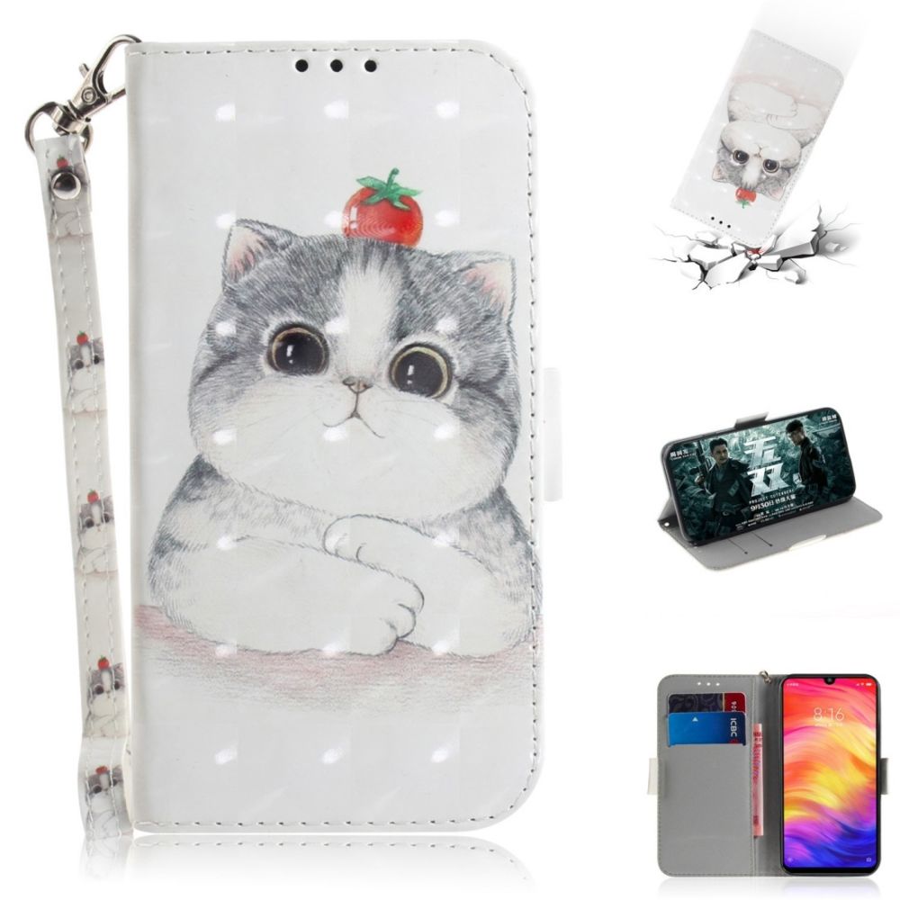 Wewoo - Coque Fashion Étui en cuir à rabat avec dessin couleur 3D et fentes pour cartes et porte-cartes Redmi Note 7 chat mignon - Coque, étui smartphone