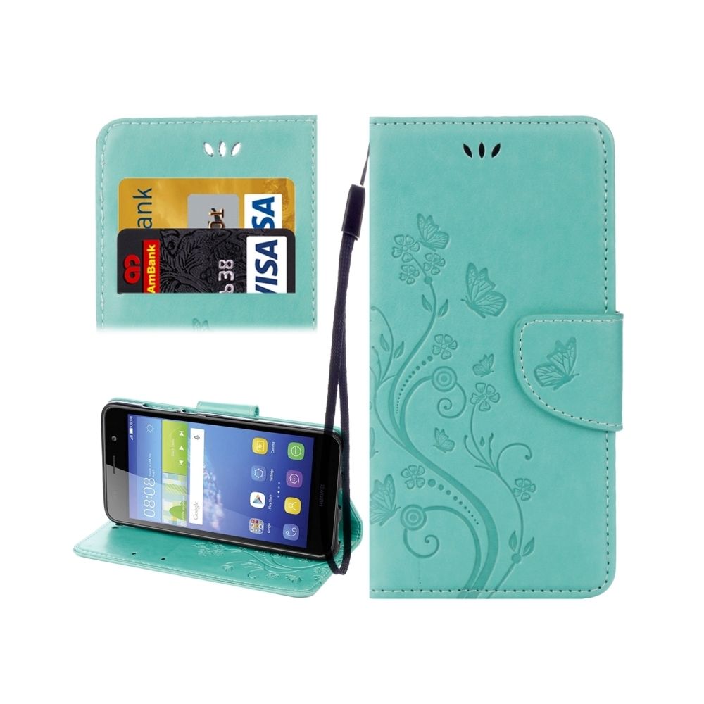 Wewoo - Housse Étui vert pour Huawei Y6 II Papillons Amour Fleurs Gaufrage Horizontal en cuir Flip avec support & Slots de cartes Portefeuille & Longe - Coque, étui smartphone