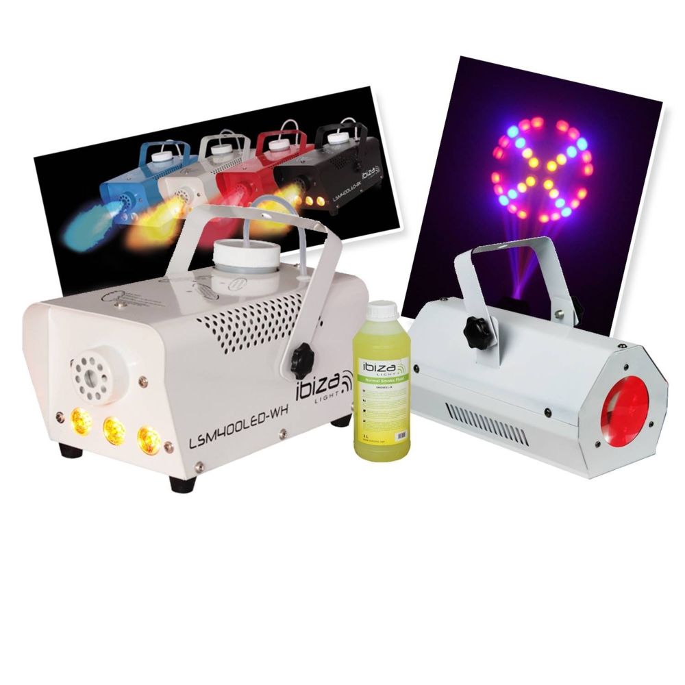 Ibiza Light - Pack WHITE machine à fumée 400W à LEDs + Moonflower RGBAW + 1L OFFERT - Packs DJ
