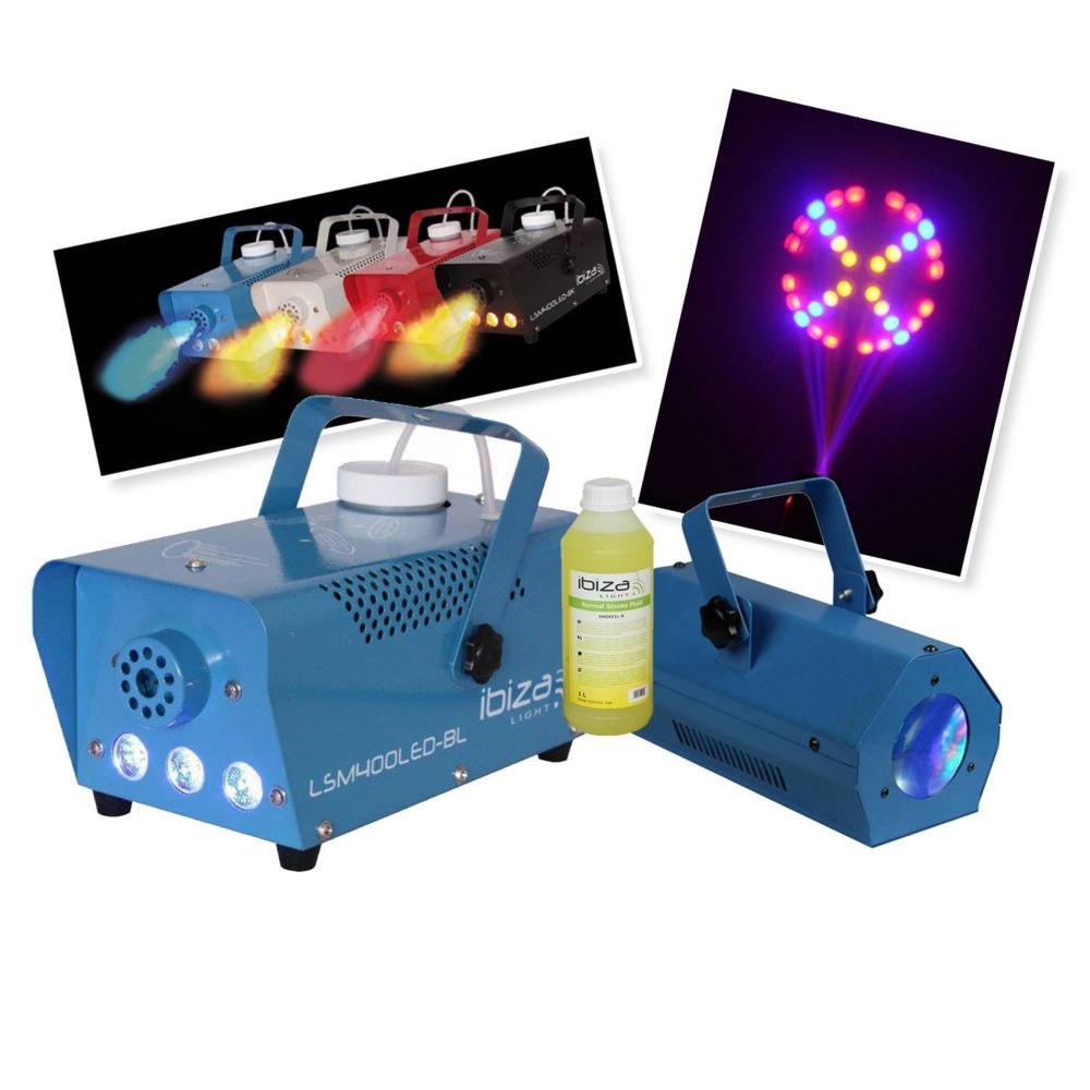 Ibiza Light - Pack BLUE machine à fumée 400W à LEDs + Moonflower RGBAW + 1L OFFERT - Packs DJ