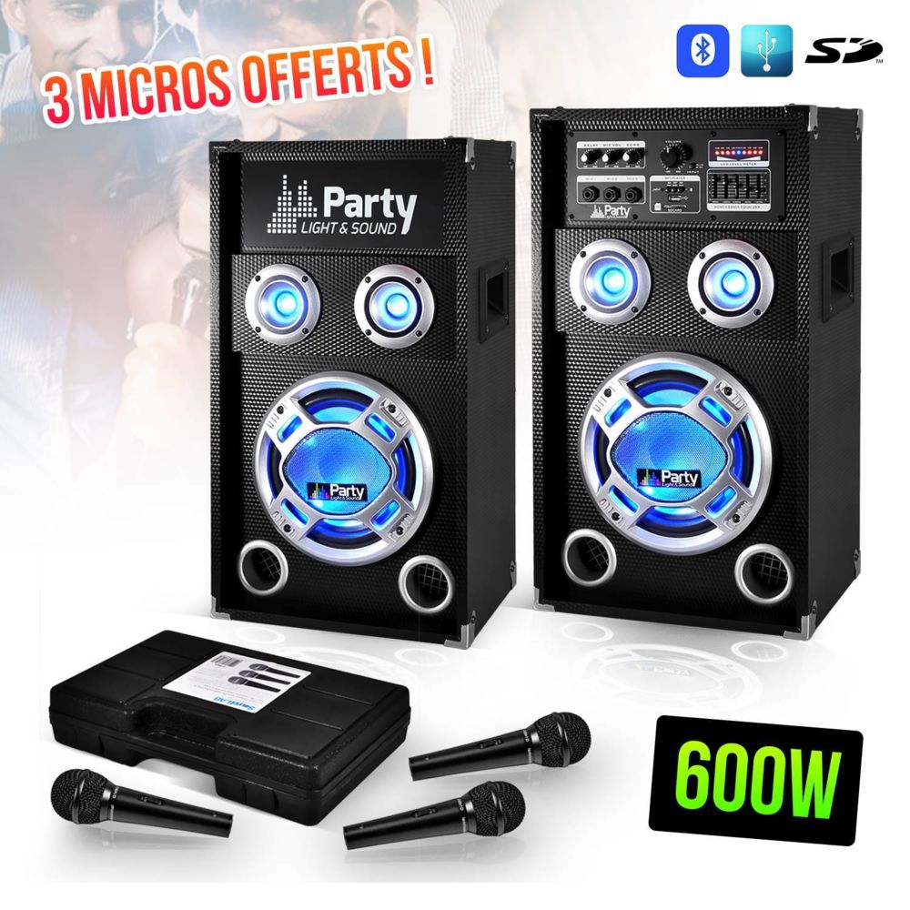 Party Light & Sound - Système karaoké 2 enceintes à LEDs 2 voies 12""/30cm 600W BT/USB/SD + Kit malette de 3 MIC - Packs sonorisation