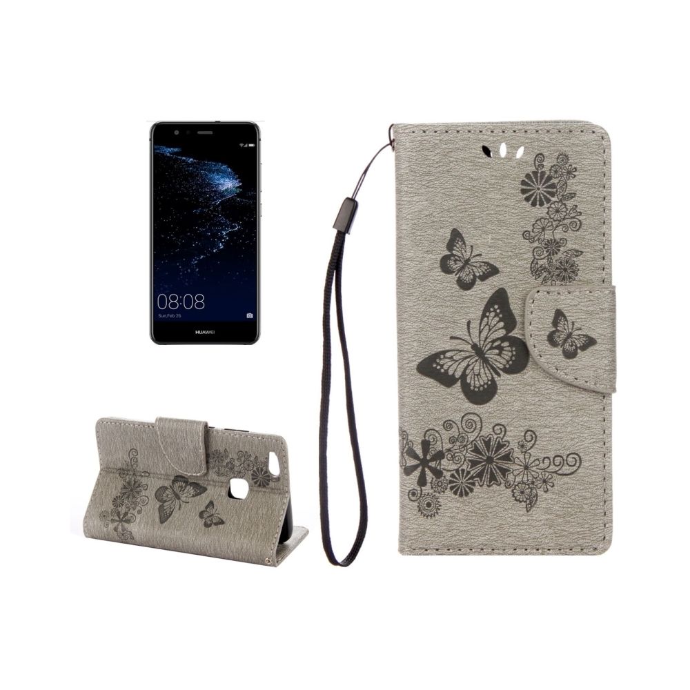 Wewoo - Housse Étui gris pour Huawei P10 Lite Papillons Gaufrage Horizontal en cuir Flip avec support & Slots de cartes Portefeuille & Longe - Coque, étui smartphone