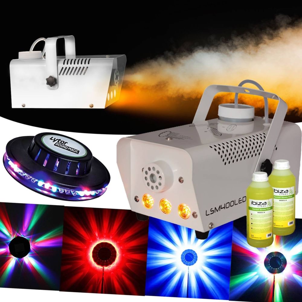 Ibiza Light - Machine à fumée 400W IBIZA LIGHT LSM400LED-WH + Effet OVNI LEDs RVB + + 2L Liquides - Effets à LED