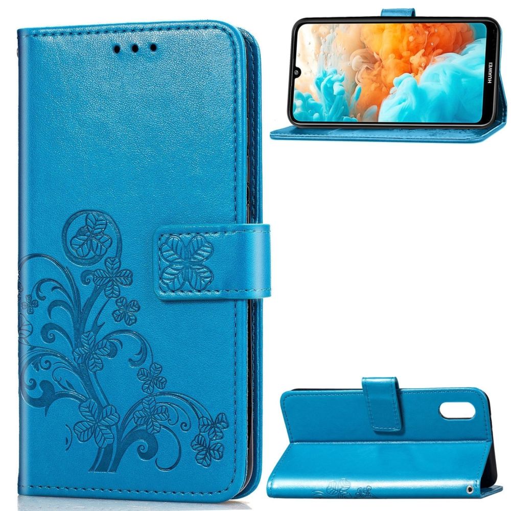 Wewoo - Housse Coque Lucky Clover étui en cuir à Motif fleurs pressées pour Huawei Y6 Pro 2019avec support et fentes cartes et portefeuille et dragonne bleu - Coque, étui smartphone