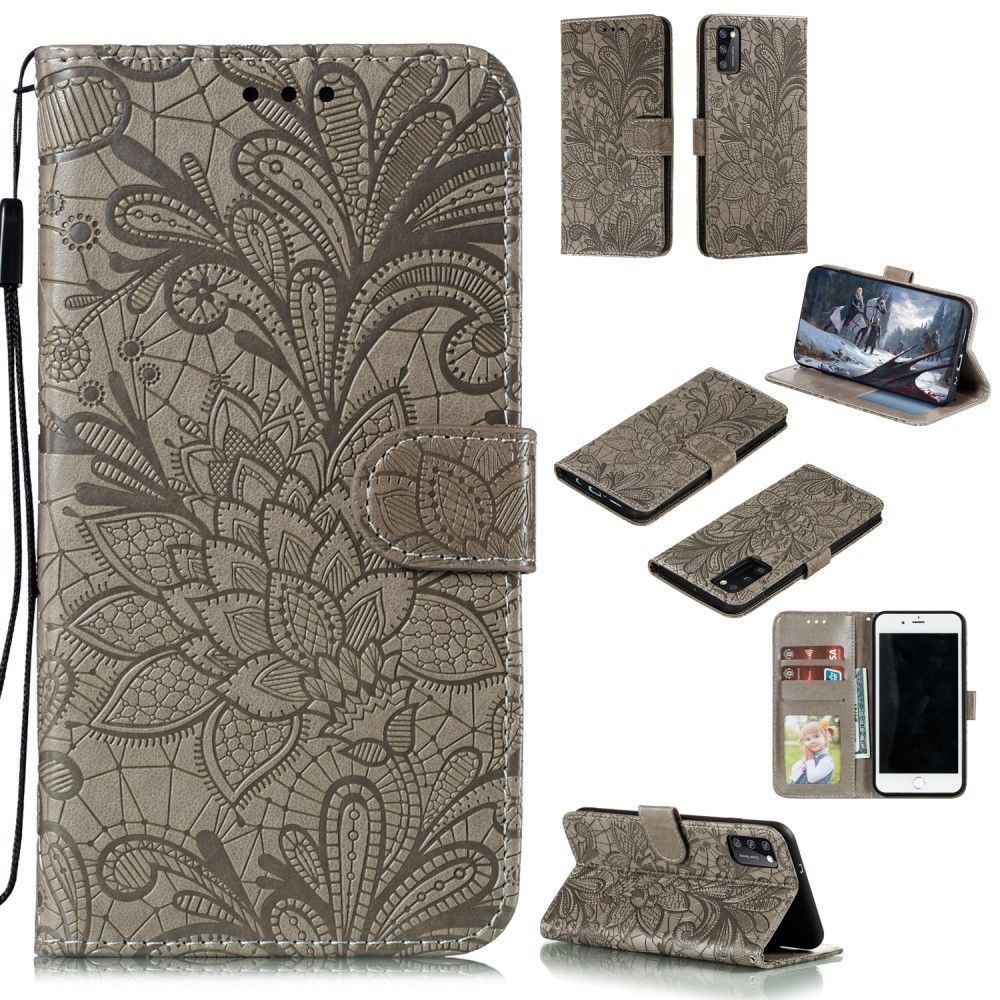 Generic - Etui en PU peau de fleur en dentelle imprimée avec support marron pour votre Samsung Galaxy A41 (Global Version) - Coque, étui smartphone