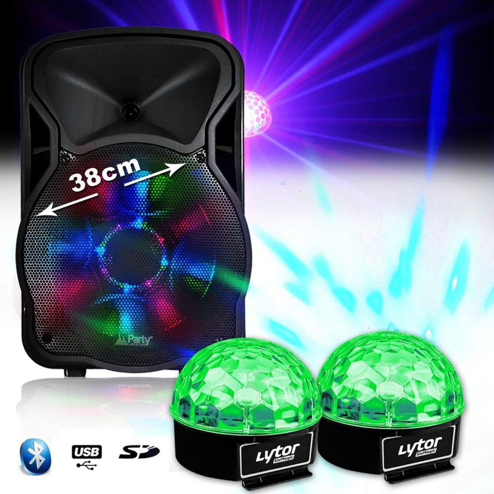 Party Sound - Enceinte PARTYSOUND-15 SOUND mobile 800W 15"" à LEDs RVB - USB/BT/SD/FM + 2 jeux lumières Sixmagic LytOr - Packs sonorisation