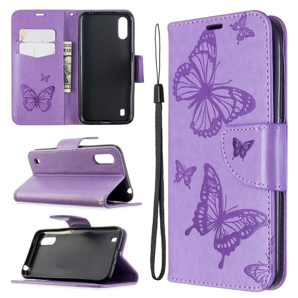 Generic - Etui en PU flip papillon violet pour votre Samsung Galaxy A01 - Coque, étui smartphone
