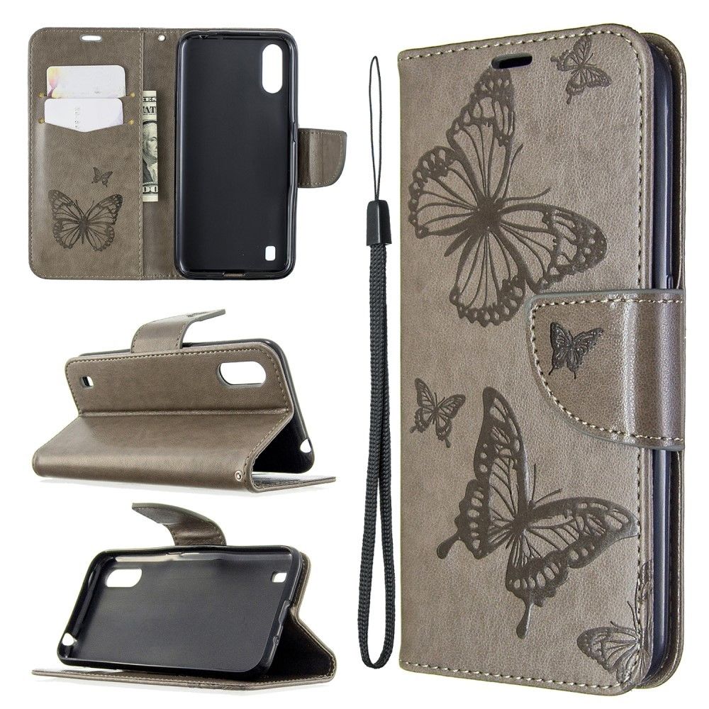 Generic - Etui en PU flip papillon gris pour votre Samsung Galaxy A01 - Coque, étui smartphone