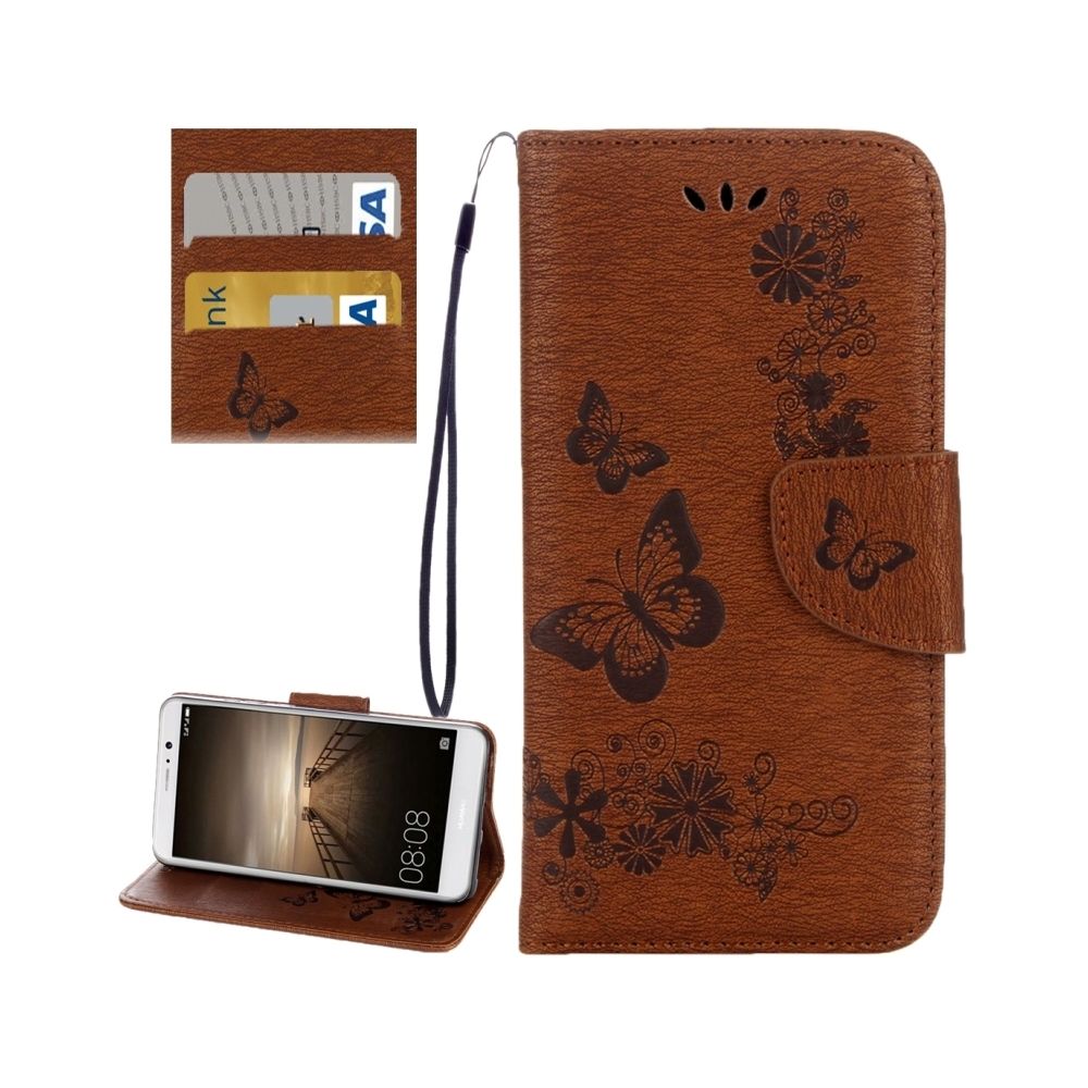 Wewoo - Housse Étui marron pour Huawei Mate 9 papillons gaufrage en cuir flip horizontal avec support & Slots de cartes Portefeuille & Longe - Coque, étui smartphone