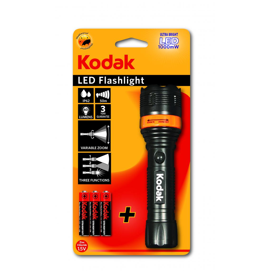 Kodak - KODAK - Lampe LED Focus 157- Fonctionne avec 3 piles AAA/LR06 incluses-NOIR- - Projecteurs LED
