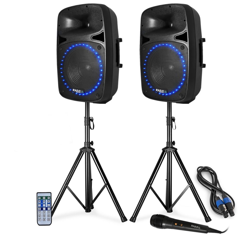 Ibiza Sound - Pack Sono DJ PA 1000W 2 Enceintes Actives/Passives LEDs 12"" FM/USB/SD/BLUETOOTH + Pieds + Micro + Tél - Packs sonorisation