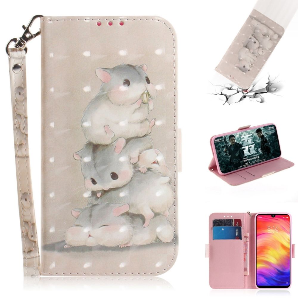 Wewoo - Coque Fashion Étui en cuir à rabat avec dessin couleur 3D et fentes pour cartes et porte-cartes Redmi Note 7 Trois écureuils - Coque, étui smartphone
