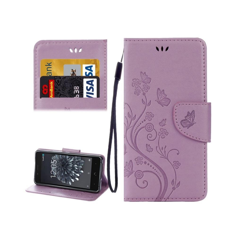 Wewoo - Coque Violet pour BQ Aquaris X5 Plus Butterflies Love Fleurs Gaufrage Housse en cuir Flip horizontale avec support et Slots de cartes Portefeuille & Longe clair - Coque, étui smartphone